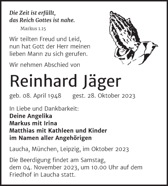 Traueranzeige von Reinhard Jäger von Naumburger Tageblatt