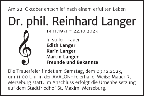 Traueranzeige von Reinhard Langer von Trauerkombi Merseburg