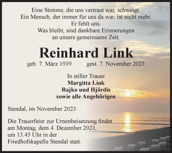 Traueranzeige von Reinhard Link von Volksstimme Altmark Ost