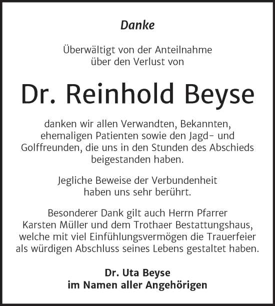 Traueranzeige von Reinhold Beyse von Super Sonntag Sangerhausen