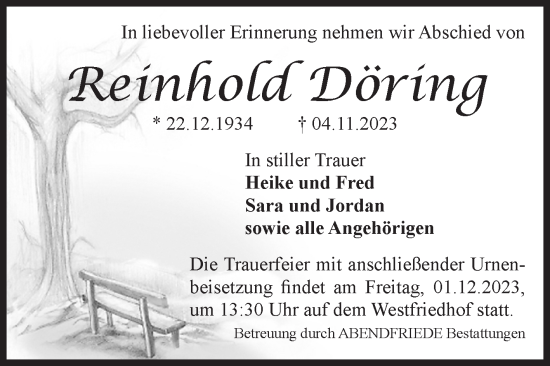 Traueranzeige von Reinhold Döring von Volksstimme Magdeburg