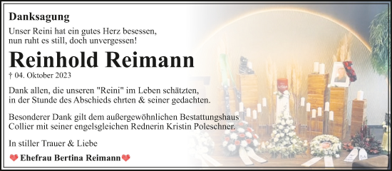 Traueranzeige von Reinhold Reimann von Trauerkombi Dessau