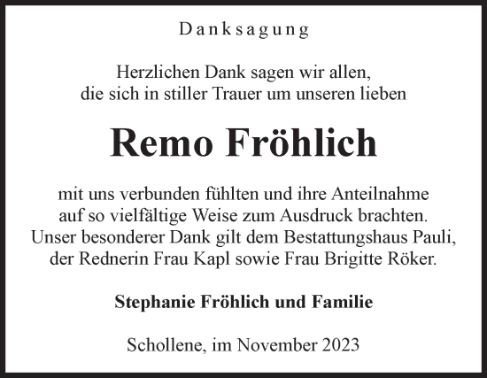 Traueranzeige von Remo Fröhlich von Volksstimme Altmark Ost
