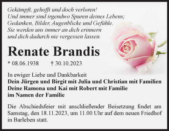 Traueranzeige von Renate Brandis von Volksstimme Magdeburg