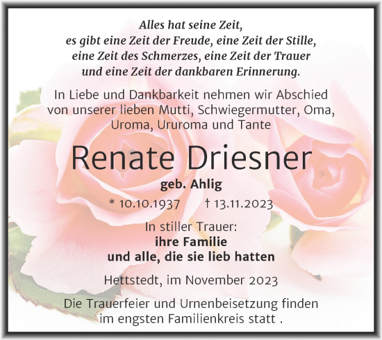 Traueranzeige von Renate Driesner von Trauerkombi Mansfelder Land
