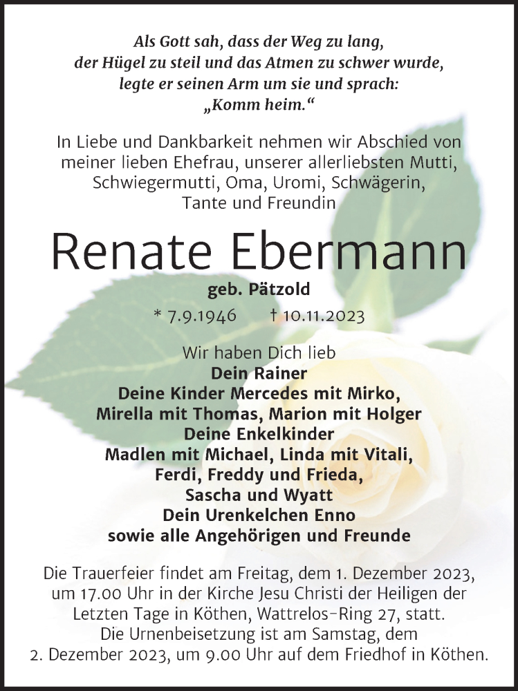 Traueranzeige für Renate Ebermann vom 18.11.2023 aus Trauerkombi Köthen