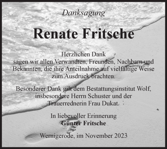 Traueranzeige von Renate Fritsche von Volksstimme Wernigerode