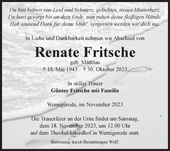 Traueranzeige von Renate Fritsche von Volksstimme Wernigerode