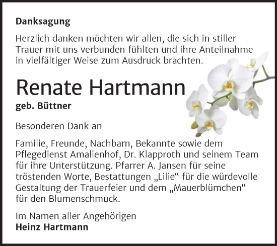 Traueranzeige von Renate Hartmann von Trauerkombi Dessau