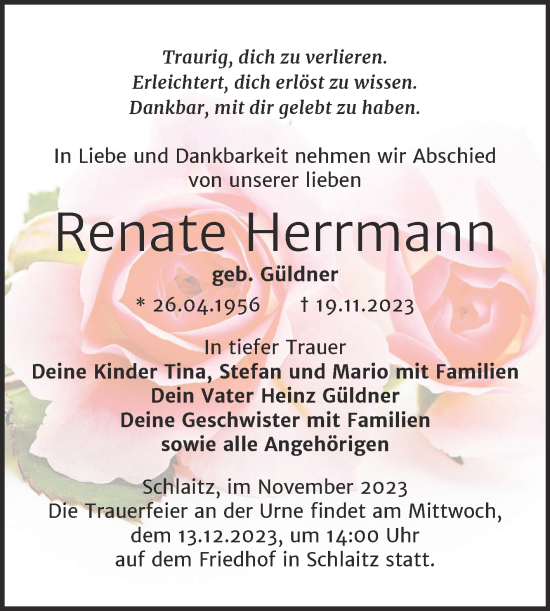 Traueranzeige von Renate Herrmann von Trauerkombi Bitterfeld