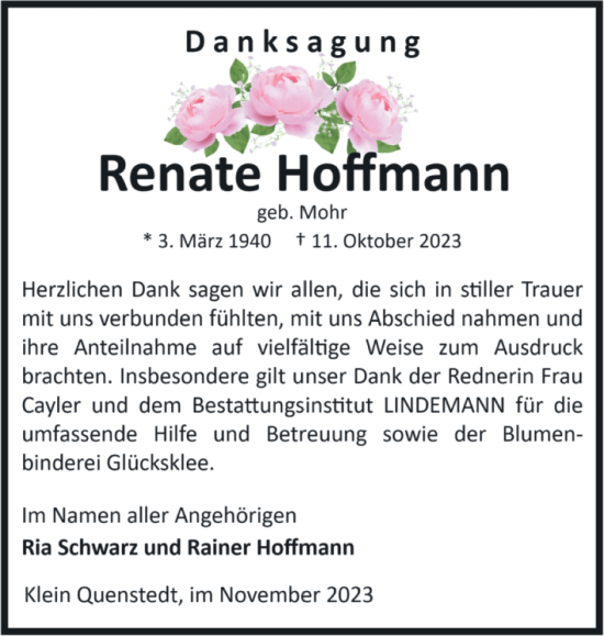 Traueranzeige von Renate Hoffmann von Volksstimme Halberstadt