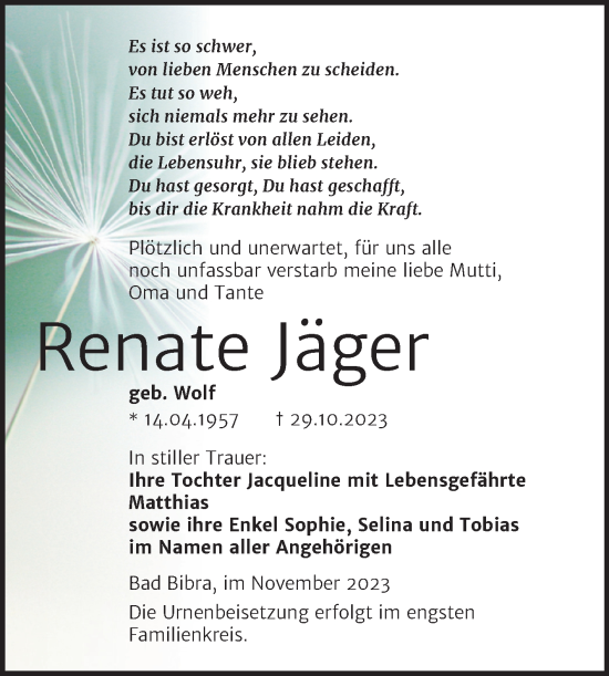 Traueranzeige von Renate Jäger von Trauerkombi Merseburg