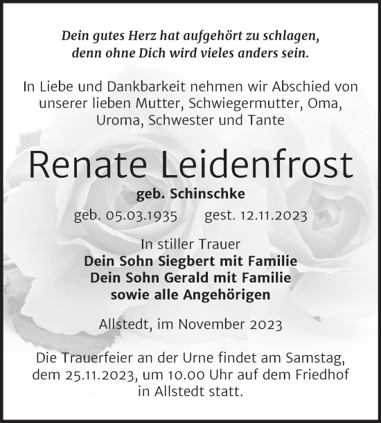 Traueranzeige von Renate Leidenfrost von Trauerkombi Sangerhausen