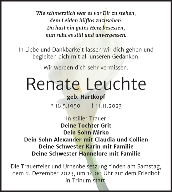 Traueranzeige von Renate Leuchte von Trauerkombi Köthen