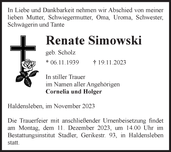 Traueranzeige von Renate Simowski von Volksstimme Haldensleben/Wolmirstedt