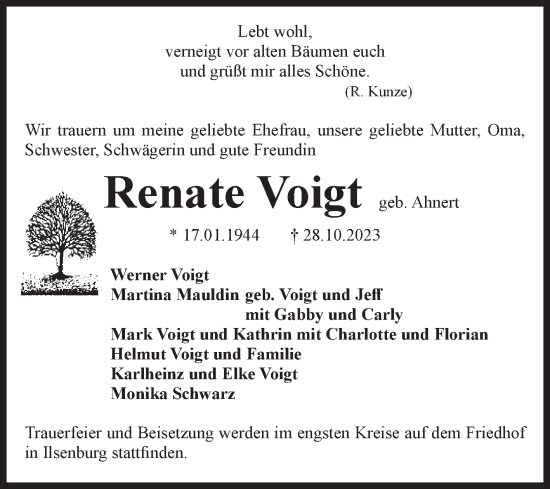 Traueranzeige von Renate Voigt von Volksstimme Wernigerode