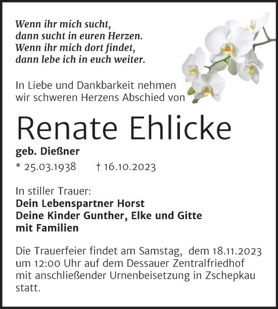 Traueranzeige von Renate Ehlicke Ehlicke von Trauerkombi Bitterfeld