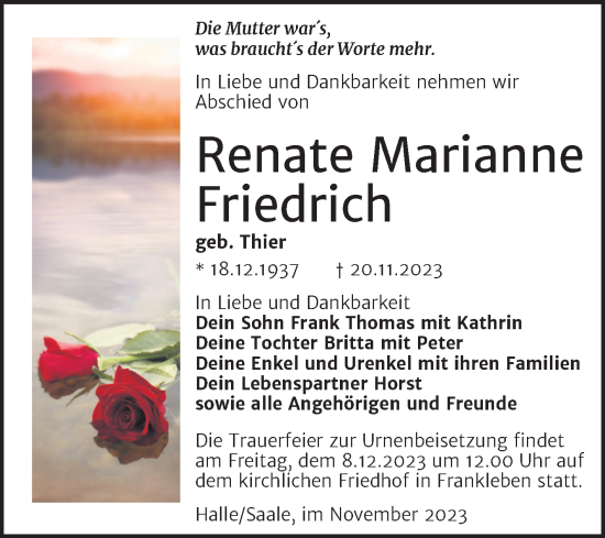 Traueranzeige von Renate Marianne Friedrich von Mitteldeutsche Zeitung Halle/Saalkreis