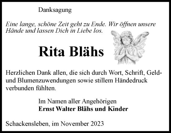 Traueranzeige von Rita Blähs von Volksstimme Haldensleben/Wolmirstedt