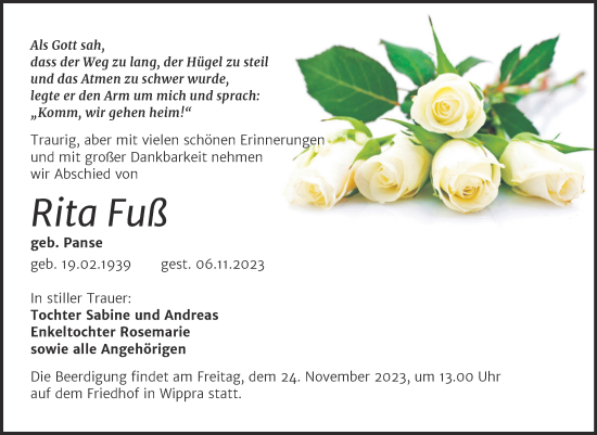 Traueranzeige von Rita Fuß von Trauerkombi Sangerhausen