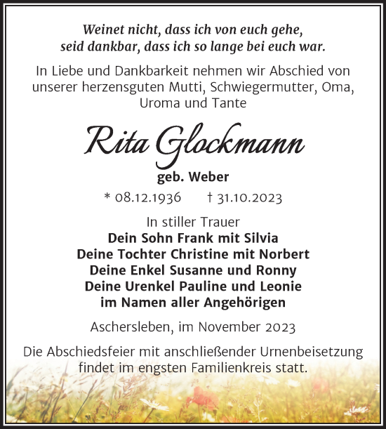 Traueranzeige von Rita Glockmann von Trauerkombi Aschersleben