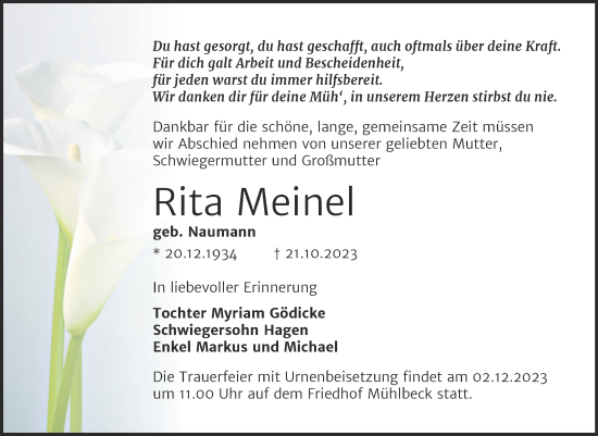 Traueranzeige von Rita Meinel von Trauerkombi Bitterfeld