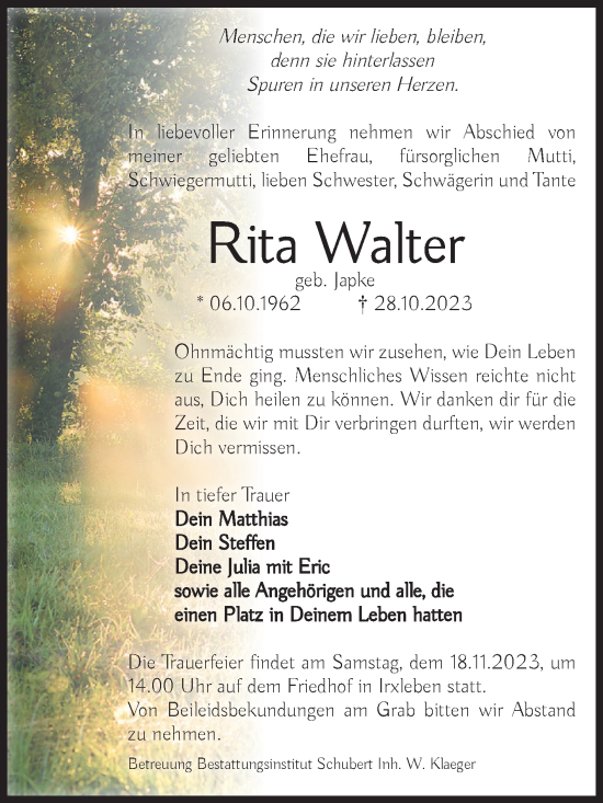 Traueranzeige von Rita Walter von Volksstimme Haldensleben/Wolmirstedt