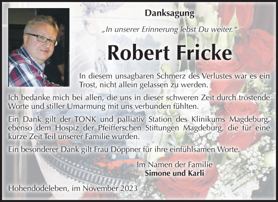 Traueranzeige von Robert Fricke von Volksstimme Oschersleben/Wanzleben