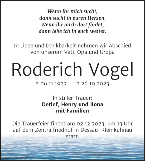 Traueranzeige von Roderich Vogel von Trauerkombi Dessau