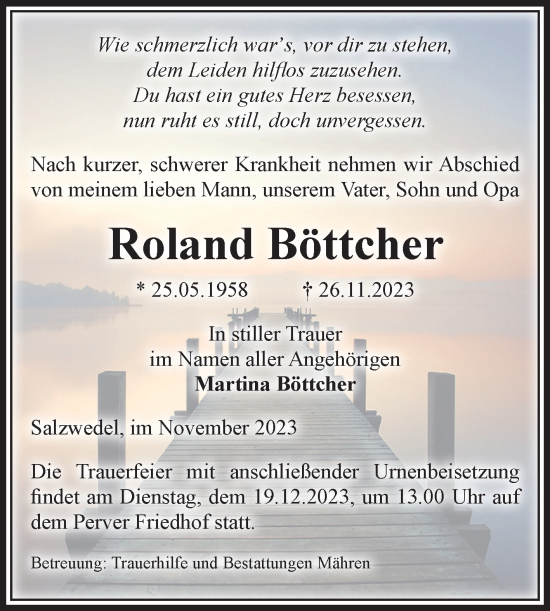 Traueranzeige von Roland Böttcher von Volksstimme Altmark West