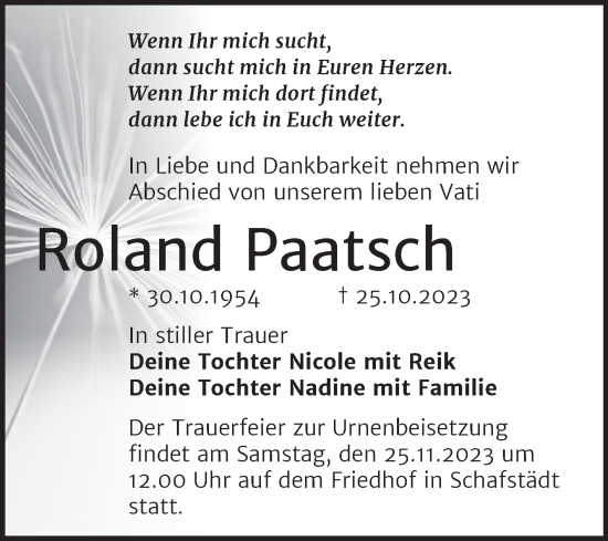 Traueranzeige von Roland Paatsch von Trauerkombi Merseburg