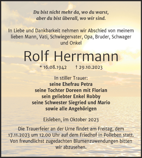 Traueranzeige von Rolf Herrmann von Trauerkombi Mansfelder Land
