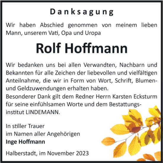 Traueranzeige von Rolf Hoffmann von Volksstimme Halberstadt