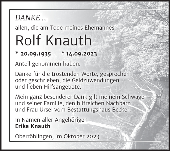Traueranzeige von Rolf Knauth von Trauerkombi Sangerhausen