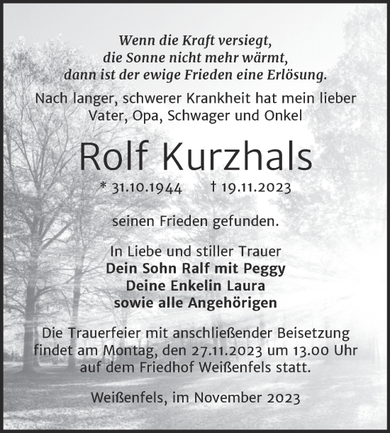 Traueranzeige von Rolf Kurzhals von Mitteldeutsche Zeitung Weißenfels
