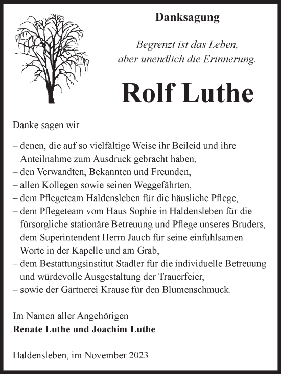 Traueranzeige von Rolf Luthe von Volksstimme Haldensleben/Wolmirstedt