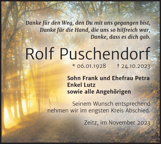 Traueranzeige von Rolf Puschendorf von Trauerkombi Zeitz