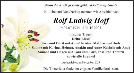 Traueranzeige von Rolf Ludwig Hoff von Trauerkombi Aschersleben