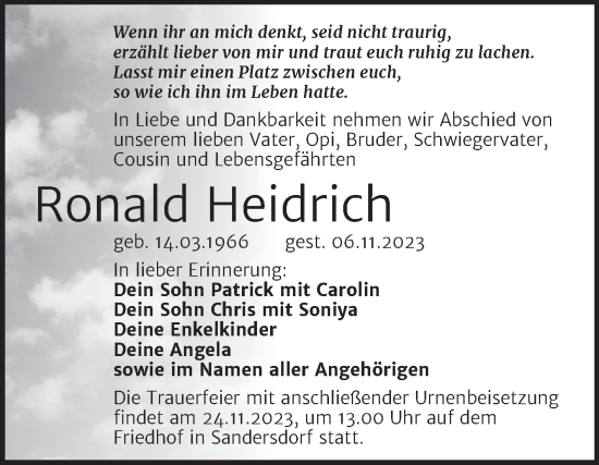Traueranzeige von Ronald Heidrich von Trauerkombi Bitterfeld