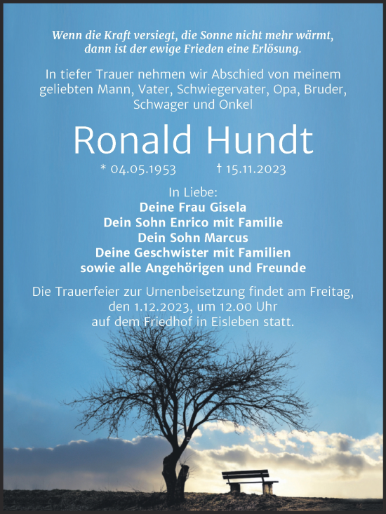 Traueranzeige von Ronald Hundt von Trauerkombi Mansfelder Land