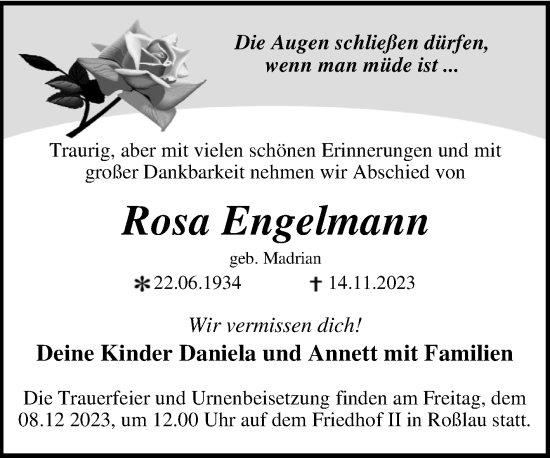 Traueranzeige von Rosa Engelmann von Trauerkombi Dessau