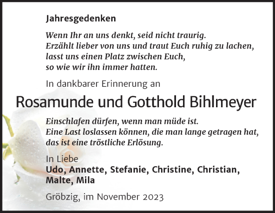 Traueranzeige von Rosamunde und Gotthold Bihlmeyer von Trauerkombi Köthen