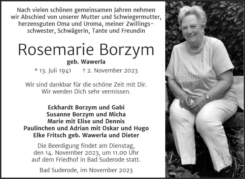  Traueranzeige für Rosemarie Borzym vom 10.11.2023 aus Trauerkombi Quedlinburg