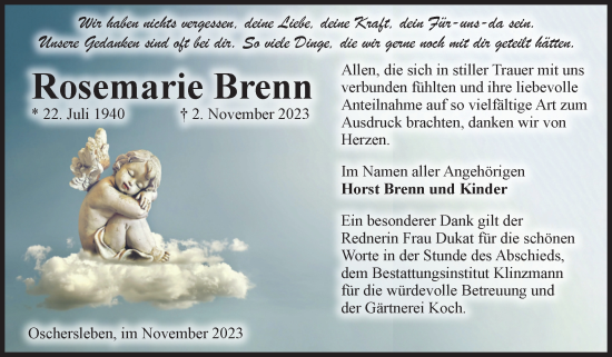 Traueranzeige von Rosemarie Brenn von Volksstimme Oschersleben/Wanzleben