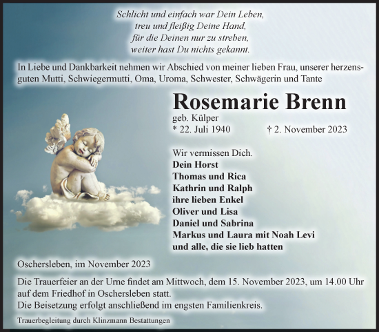 Traueranzeige von Rosemarie Brenn von Volksstimme Oschersleben/Wanzleben