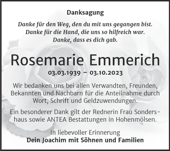 Traueranzeige von Rosemarie Emmerich von Trauerkombi Weißenfels