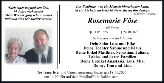 Traueranzeige von Rosemarie Föse von Trauerkombi Dessau