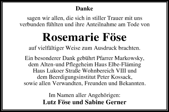 Traueranzeige von Rosemarie Föse von Trauerkombi Dessau