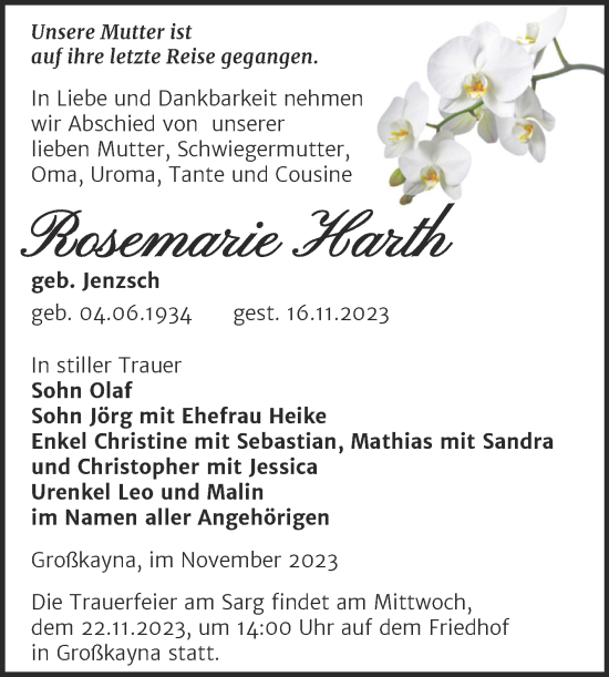 Traueranzeige von Rosemarie Harth von Mitteldeutsche Zeitung Merseburg/Querfurt