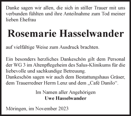 Traueranzeige von Rosemarie Hasselwander von Volksstimme Altmark Ost